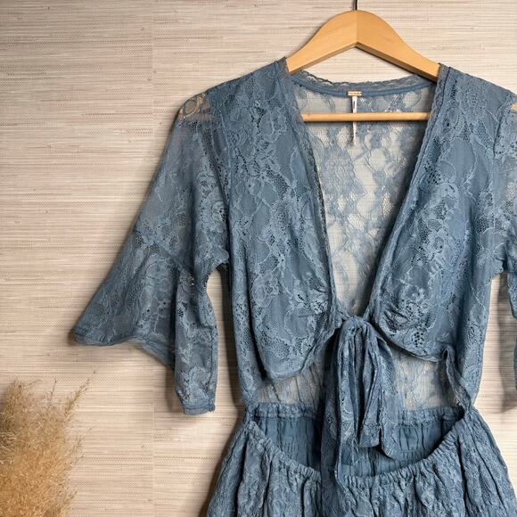 Free People mini dress floral lace cutout ruffled tiered sheer mesh boho Small - Picture 6 of 10